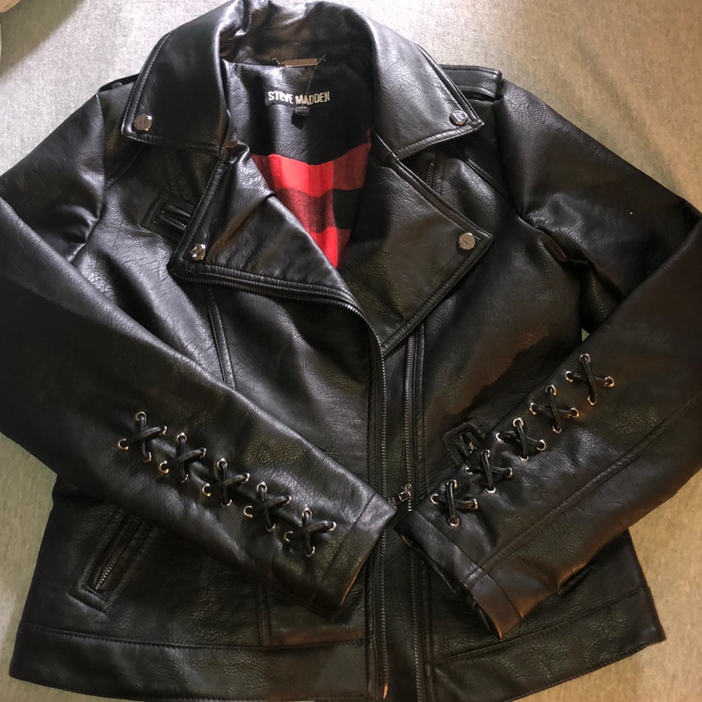Steve Madden Laced Sleeve Faux Leather Moto Jacket